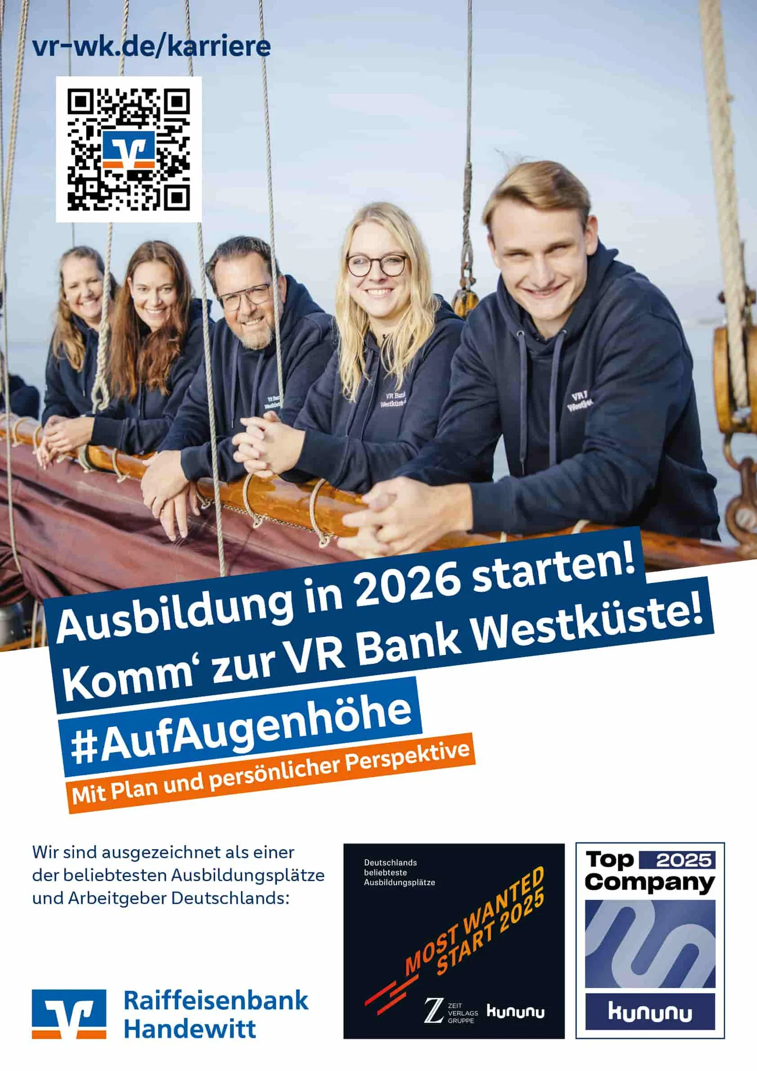 Das Azubiplakat: Ausbildung 2026 starten! Komm' zur VR Bank Westküste! #AufAugenhöhe